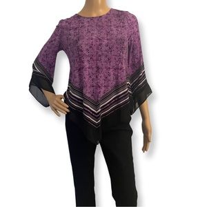 Purple and Black Alfani Blouse With Bell Sleeves, size Small Petite